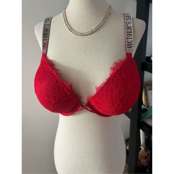 Victoria secret red bra push up 38C lace sexy diamonds nwt bombshell add two cup - Picture 1 of 7